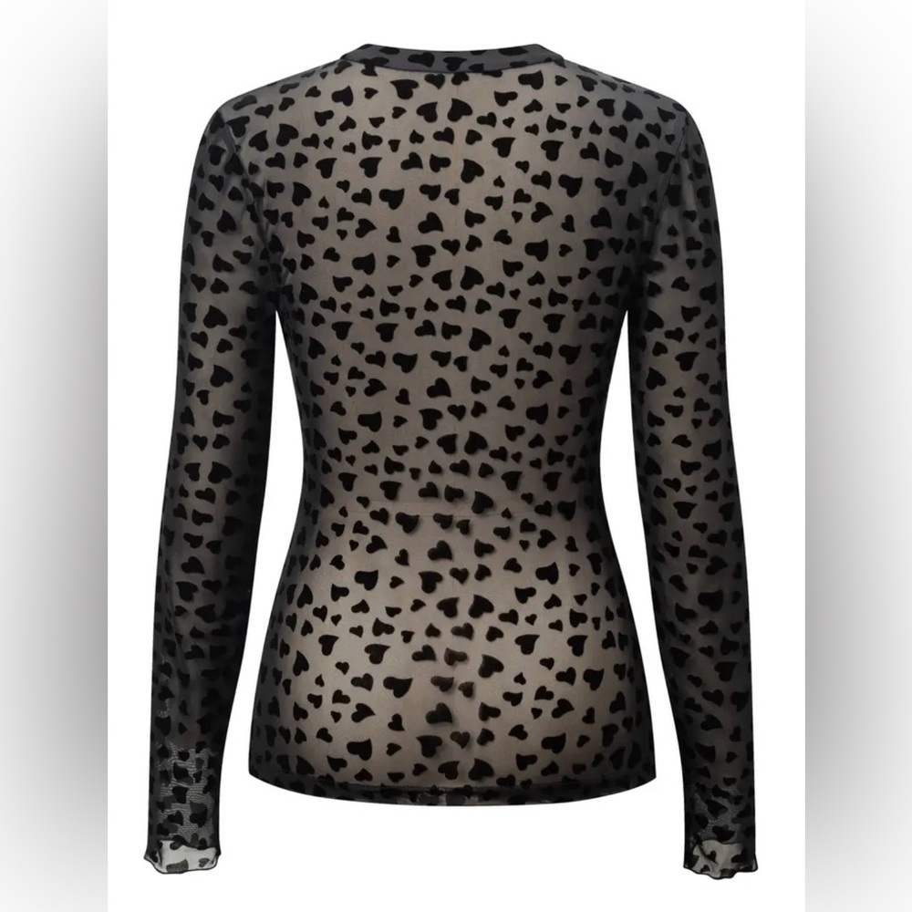 Black Sheer Velvet Hearts Mesh T-Shirt, Long Sleeve Sheer Top Valentine's Day - Picture 2 of 4